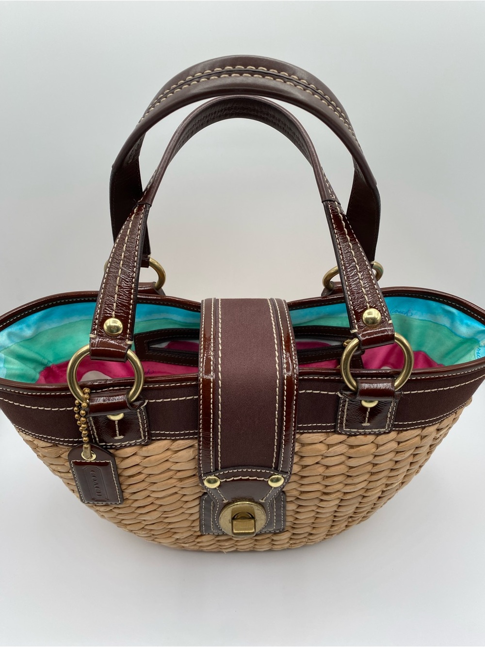 Coach Tan Woven Straw Tote with Dark Brown Leather Trim - Picture 3 of 16